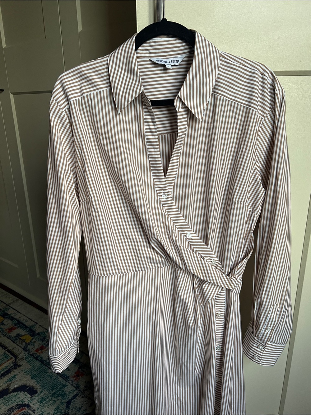 Veronica Beard Wright Faux-Wrap Striped Shirtdress in Camel & White - Size 16